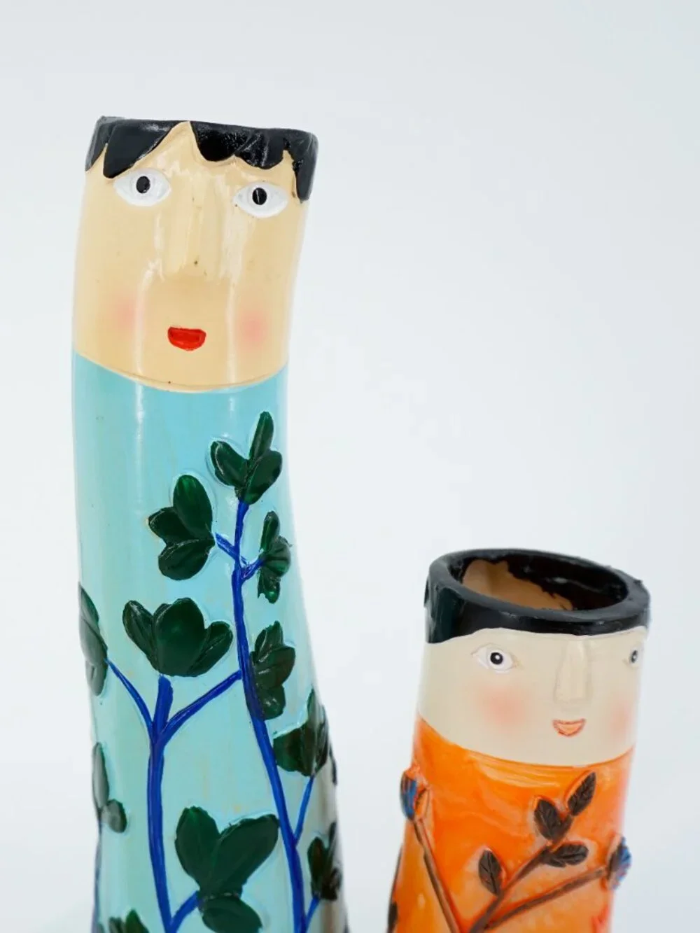 Set of 3 Hand Painted Ceramic Face Cylinder Vases, Women Floral Bird Decor